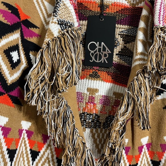 Chaser Cotton Blend Open Cardigan Aztec Tan size Small with Pockets & Fringe - Picture 5 of 5
